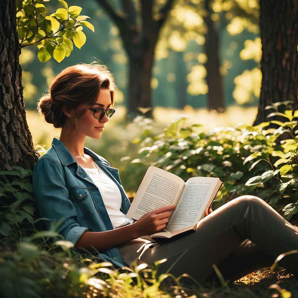 A woman is sitting under the tree and Reading a book