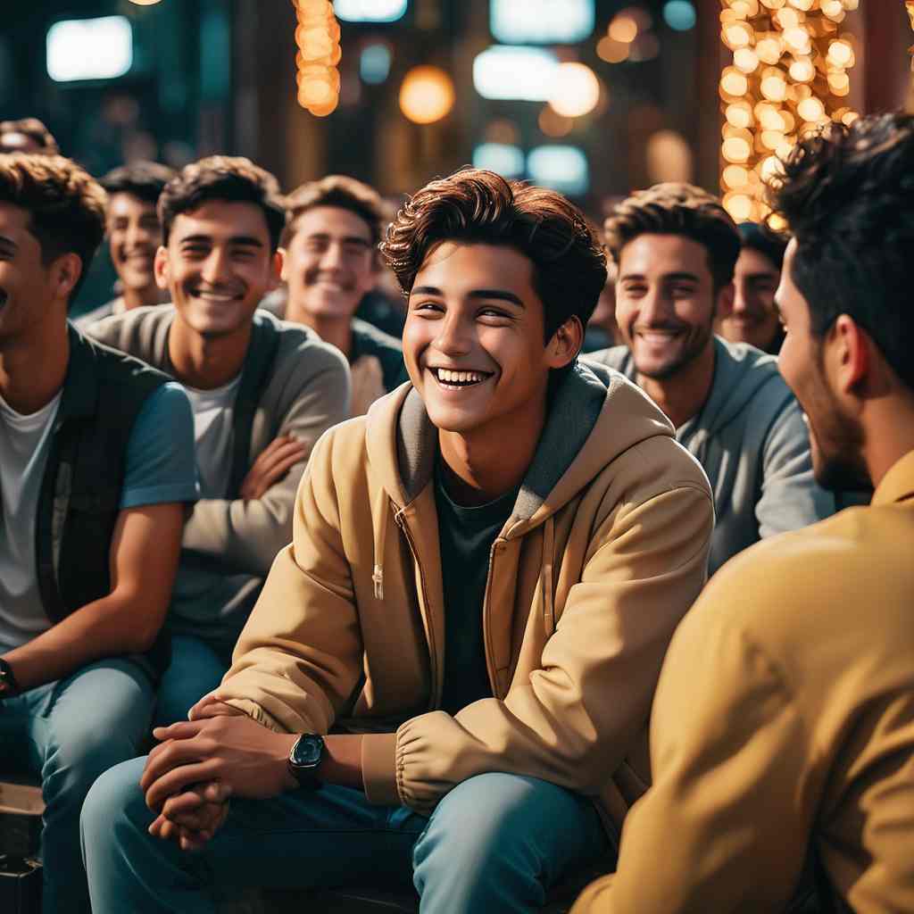 A person is sitting happily around his friends