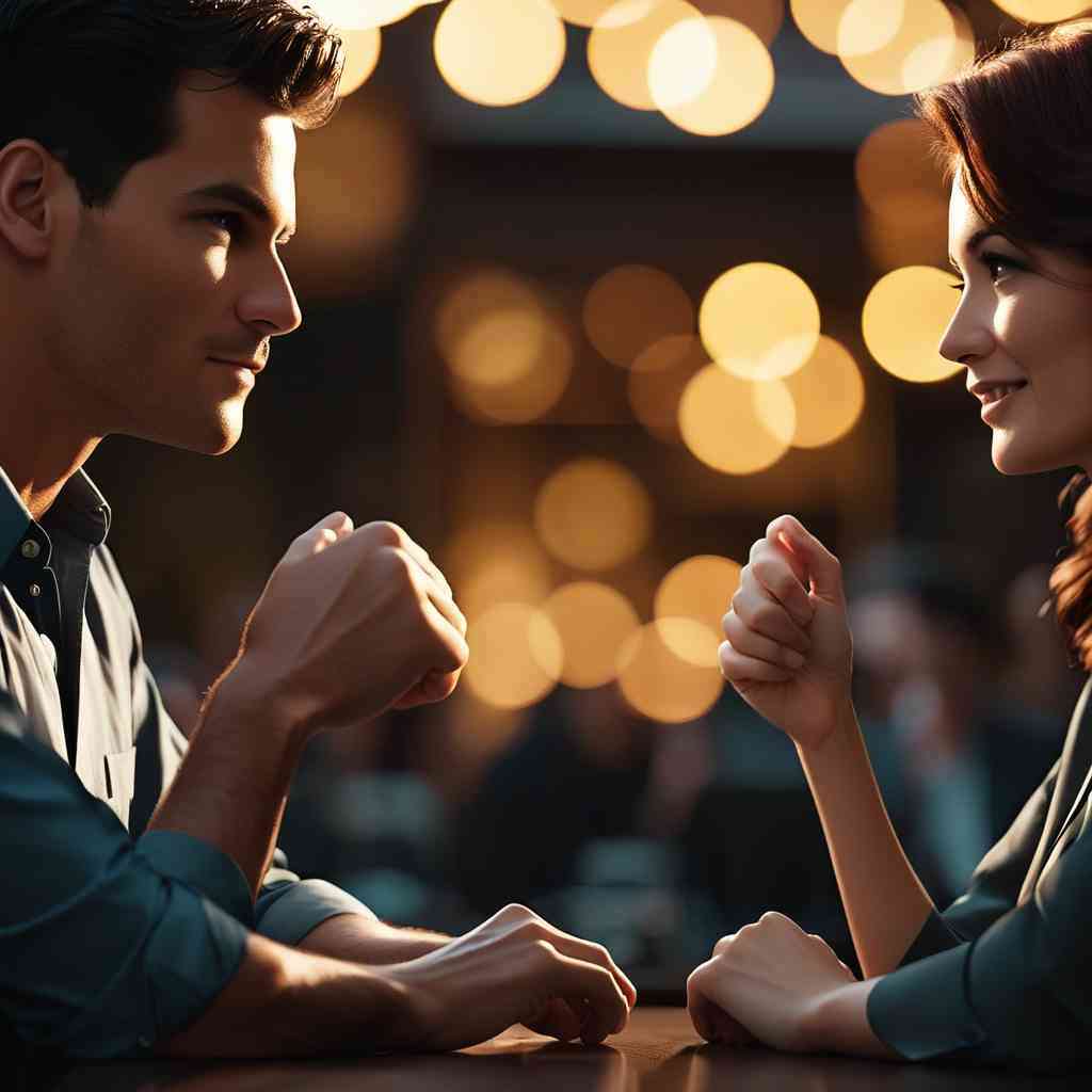 Girlfriend and boyfriend sitting on a table facing each other