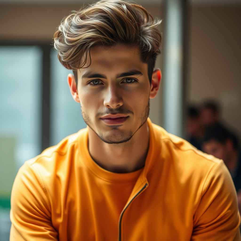 A man wearing orange T-shirt