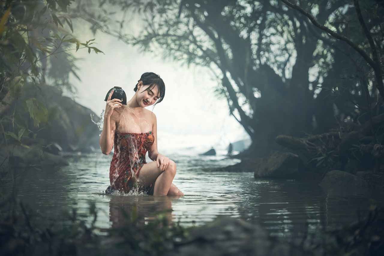 Personal hygiene, a lady is taking bath